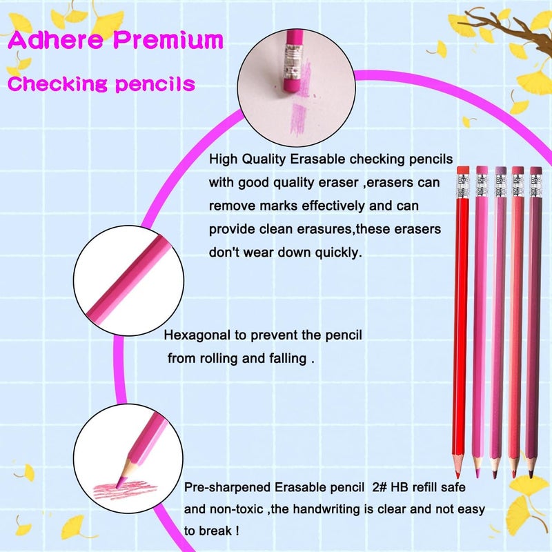 Adhere 25pcs Checking Pencils Erasable colored Pencils Pre-Sharpened #2 HB,for Checking Tests Grading,Map Coloring, editing Office Favors,including a Free sharpener. (Mixed Pink+Red) - Image 3